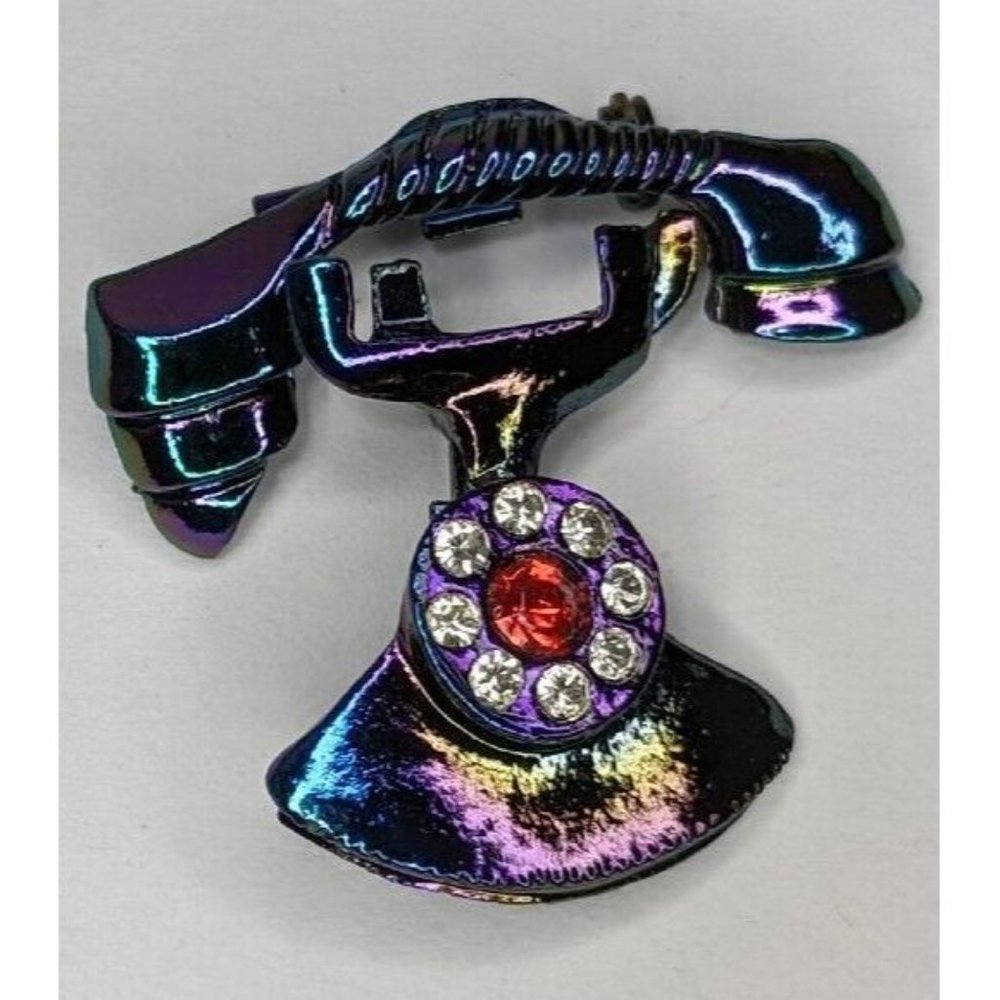 Old Fashioned 2 Piece Phone Clear Crystals Iridescent Vintage Metal Brooch Pin
